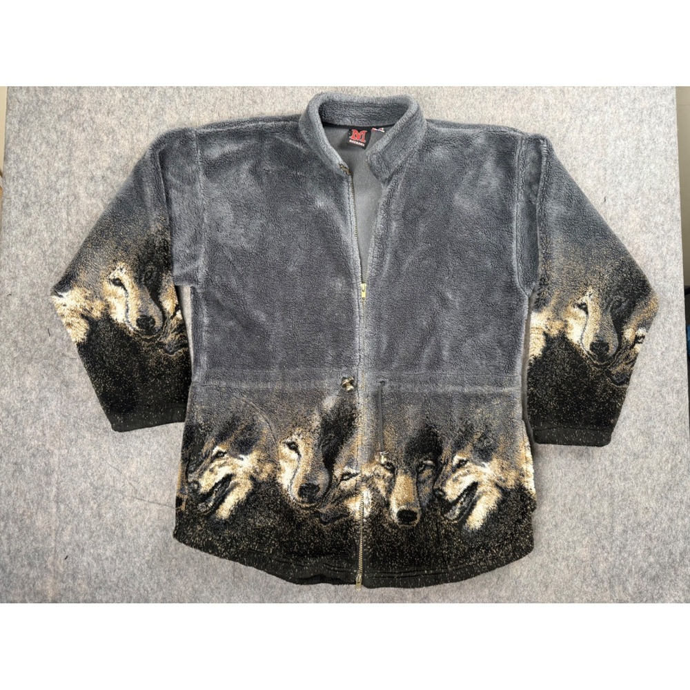 Mazmania Wolf Fleece Jacket Women Large Gray Polyester Vintage Zip Boho Western